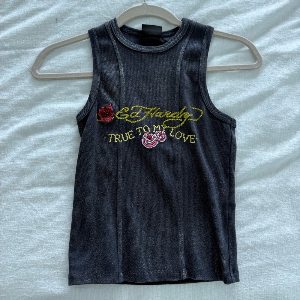 Ed Hardy Black Crop Top with Red and Pink Accents